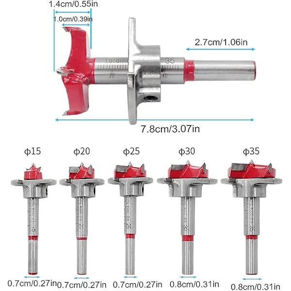 Treboring for trebearbeiding, 5 stk. (15-35 mm) Treboring Hullåpner Justerbar Posisjonering