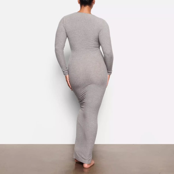 Lång maxiklänning för kvinnor med fyrkantig hals Långärmad Ribbade Bodycon Loungeklänningar grå M