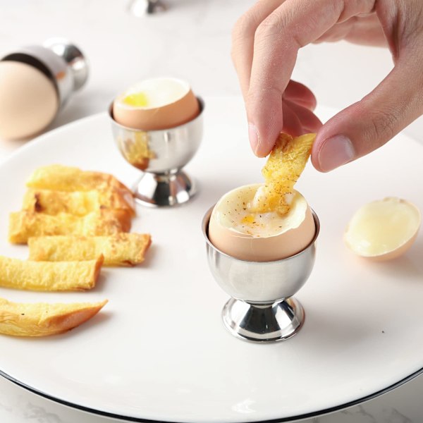 4 stk. eggkopper i rustfritt stål, eggstativ, kjøkkenutstyr, verktøy for hardkokte egg, sølv
