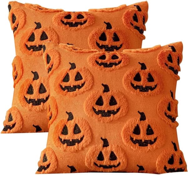 Halloween pudebetræk, blødt polyester 3D græskar- og spøgelsesmønster, sæt med 2 til sofa soveværelse festindretning, orange, 45 x 45 cm