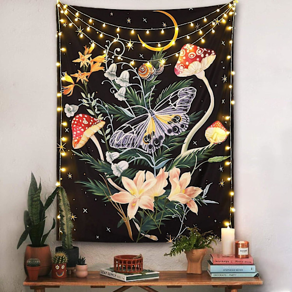Sommerfugl og blomst gobelin til soveværelse (sort, 36' x 48')