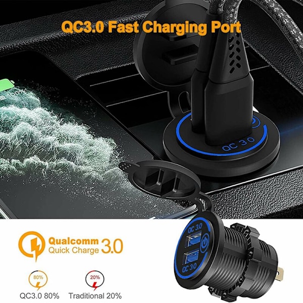 Quick Charge 3.0 Dobbelt USB Biloplader Stik Vandtæt 12V/24V QC3.0 Oplader Stik Strømudtag med Touch Switch C
