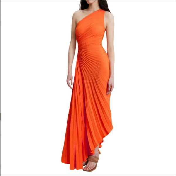 Ny enda axel sned hals veckad ihålig klänning aftonklänning satin orange XL