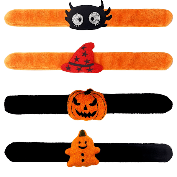 4 stk. Halloween Slap Armbånd, Assorterede Snap Armbånd med Græskar Heks Spøgelse Skelet til Børnefestgaver