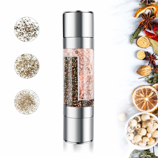 Salt and Pepper Grinder - 2 in 1 Manual Stainless Steel Salt Pepper Mill Herb Spice Grinder Shakers Refillable