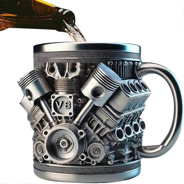 Personlig rustfri kopp med motor-tema, kreativ 3D bilmotor V8