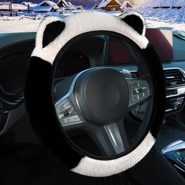 Ratovertræk, Plys Fleece, Elastisk Katteøre Design, Varmt Vinter Biltilbehør Til Kvinder, Sort Og Hvid, 37-38 cm
