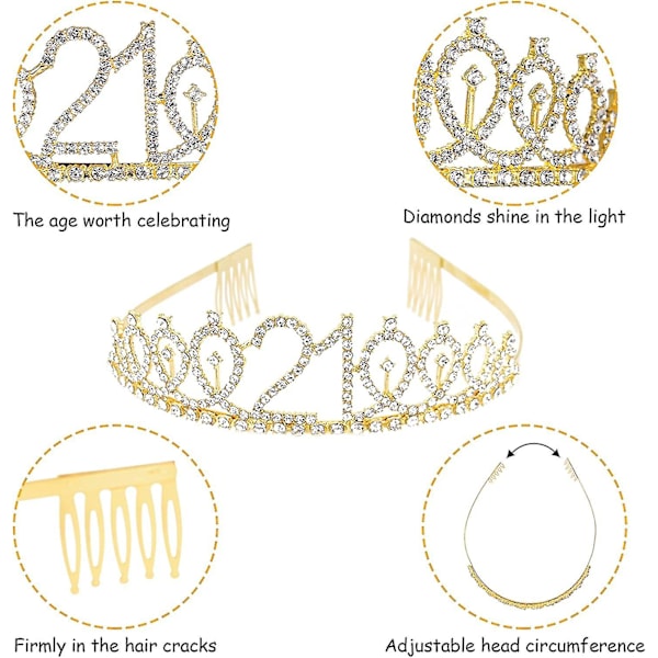 21 års fødselsdagskrone Sash, 21 års fødselsdagspige Rhinestone Guld Fødselsdag Krystal Tiara Til Kvinder Fødselsdagskrone