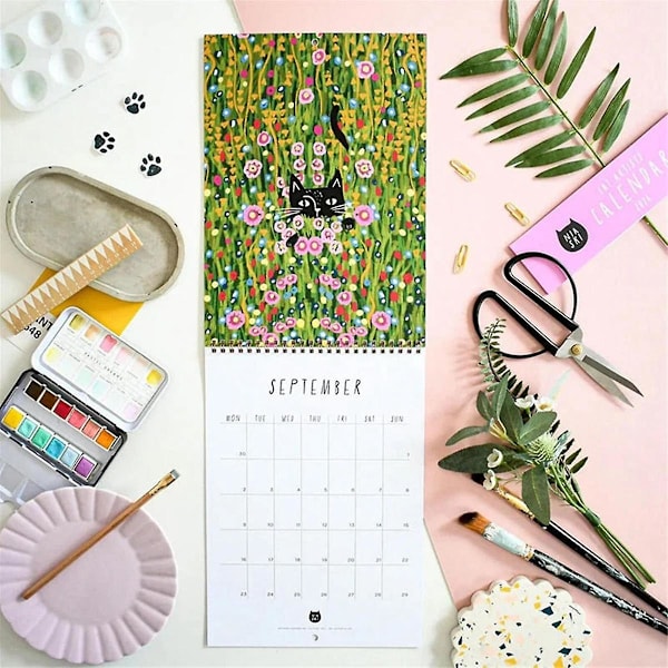 2024 Katter i kunstveggkalender - 12 måneders premium planleggergave 2024 Kattehagekalender