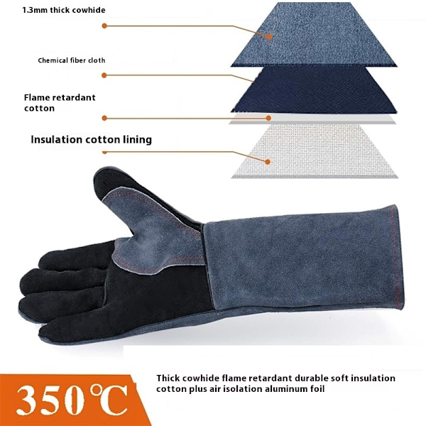 662℉ Grey black Leather Welding Gloves for Men Women, Long Sleeve Work Heat Resistant Fire Gloves Oven Mitts