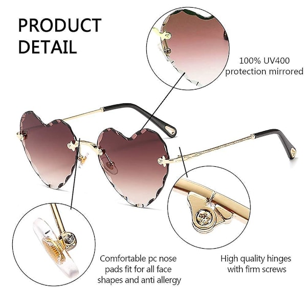 Hjerte Solbriller Uden Stel Tyndt Metal Stel Hjerteformede Solbriller Søde Briller Til Kvinder Brun