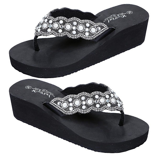 1 pari liukumattomat rantasandaalit Slipsole-sandaalit helmikoristeiset sandaalit kesäkäyttöön naisille (musta, koko 40 25,0 cm, 8US, 5,5UK, 39EU, 9,825 tuumaa)