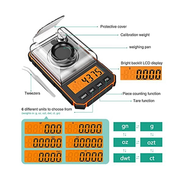 Fin skala 0,001 g, digital milligram skala 50 g / 0,001 g, digital lommeskala med LCD-skjerm, laboratorium