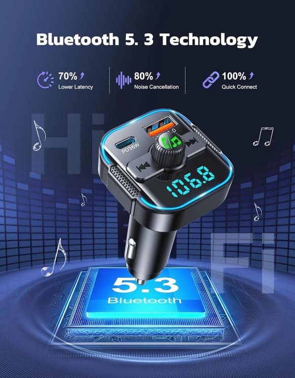Bluetooth FM-sändare för bil, PD 36W & QC 3.0 snabbladdare med dubbla mikrofoner, handsfreesamtal, brusreducering & batterispänningsdisplay