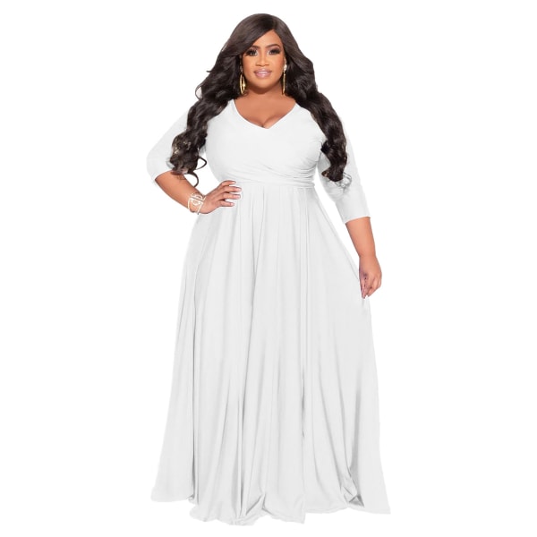 Stor storlek kvinnors enfärgade V-ringad bröllopsklänning lång kjol white 4XL