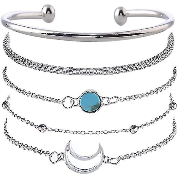 Set med 5 silverfärgade handmånarmband med turkos och pärlor, handkedjeband för kvinnor och flickor