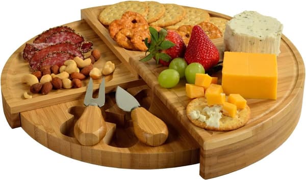 Ostbricka i bambu med 2 ostknivar i rostfritt stål, 4-vånings vikbar design för fester och picknick, 33 cm