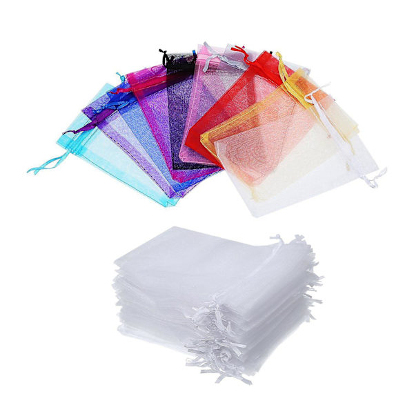 100 stk. 4x6 tommer organza gaveposer med snørelukning, smykkeposer til bryllupsfest, 50 stk. hvid