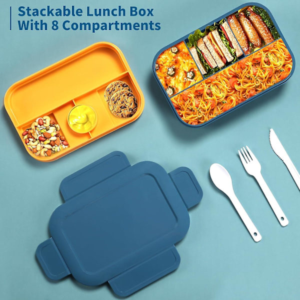 Bento Box Lunchlådor, 2000 ml Bento Lunchlåda för Vuxna Barn, Stapelbar Japansk Lunchlåda med 8 Fack, Läckagesäker Måltidsförberedelse (Blå)