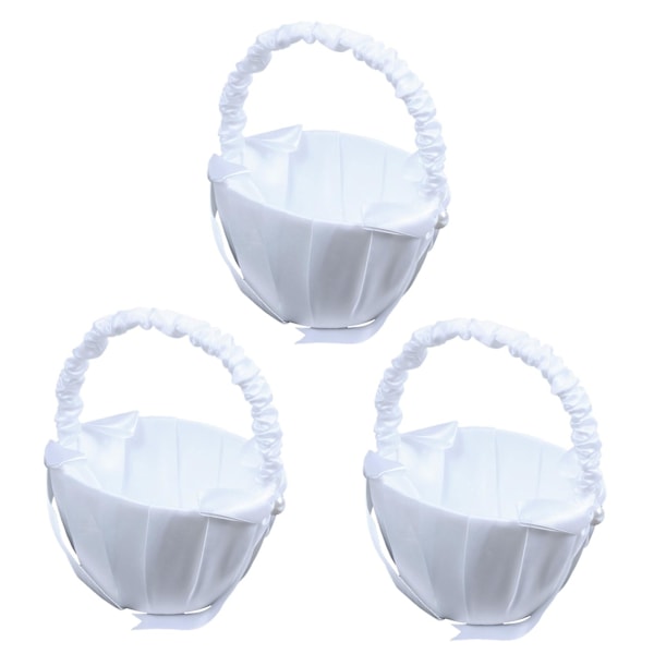 3x Hvid Satin Perlebesat Brudepige Kurv Sløjfe Dekoration