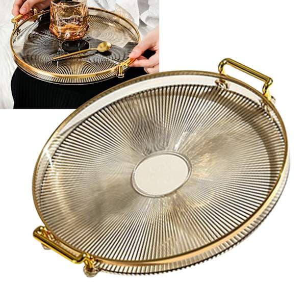 Round Tray with Handle Multifunctional Transparent Round Serving Tray for Bread Fruit Dessert Snacks Kitchen Bathroom Amber Gold