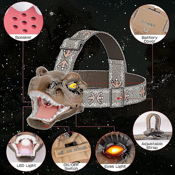 Dinosaurhodelykt for barn - LED-leker - T-rex hodelykt - Mini bærbar hodelykt med kraftig lommelykt - 3 moduser - Hjelmlys - Gave
