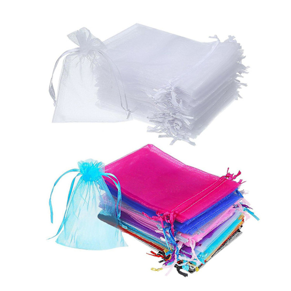 100 stk. 4x6 tommer organza gaveposer med snørelukning, smykkeposer til bryllupsfest, 50 stk. hvid