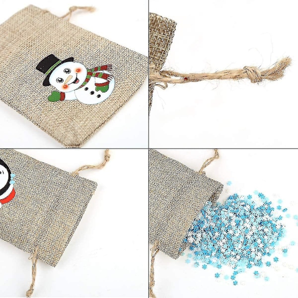 36 stk julelinposer med snøring, juleburlap-godteposer med dobbel jute-snøring, 4 design snømann, julenisse, pingvin og