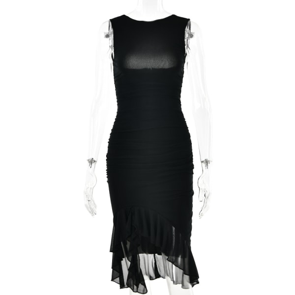 2023 vår och sommar ny crewneck ärmlös klänning kvinnligt mode säljer sexigt livstycke grimma vik MIDI-kjol Black L