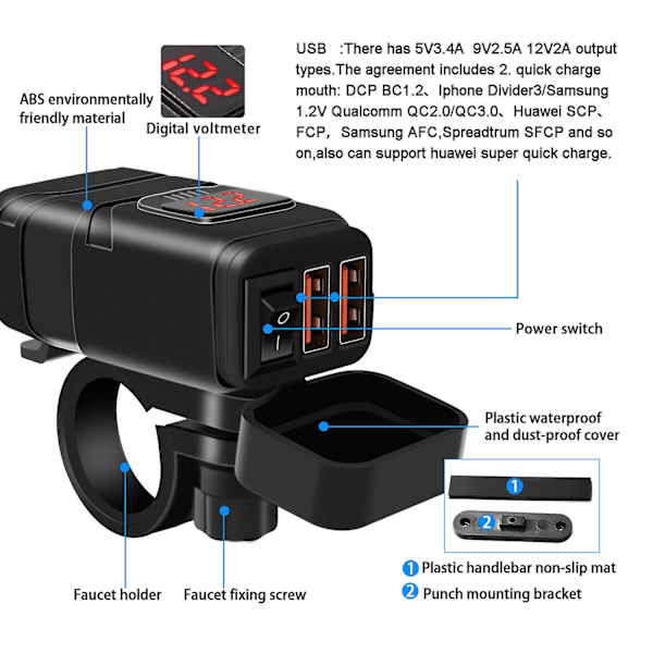 Kaksois-USB 12V vedenpitävä moottoripyörän ohjaustangon laturi Pikalaturi 3.0 jännitteenmittarilla USB moottoripyörä