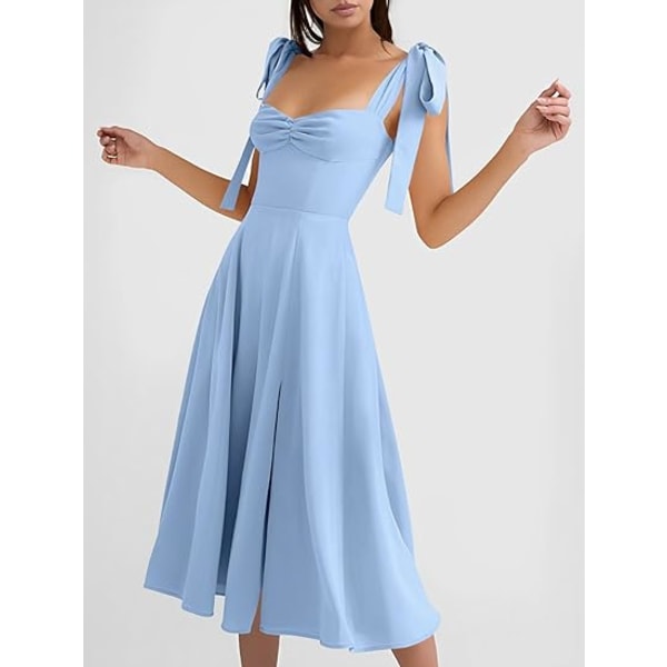 Vintage korsettklänning för kvinnor Sweetheart Halsring Knytband Slits Ärmlös gunga Elegant midi party cocktailklänning blue L