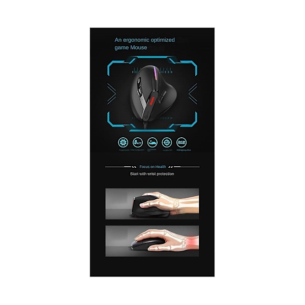 T-50 kablet vertikal RGB optisk spillmus med 9 knapper, vertikal ergonomisk mus egnet for datamaskiner