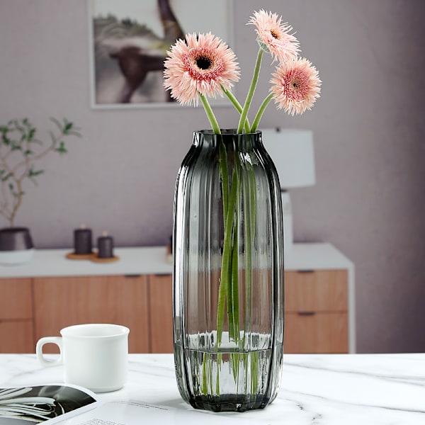 Svart grå glasvas för blommor, mörkgrå knopp höga glasvaser, enkel randig design för heminredning (en uppsättning av 2)