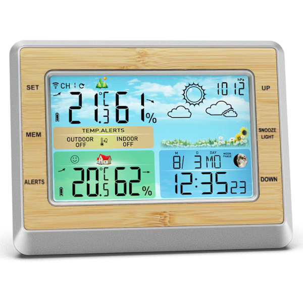 Silver Väder Inomhus Utomhus Termometer, Färgdisplay Digital Vädertermometer Prognos Station med Justerbar Bakgrundsbelysning