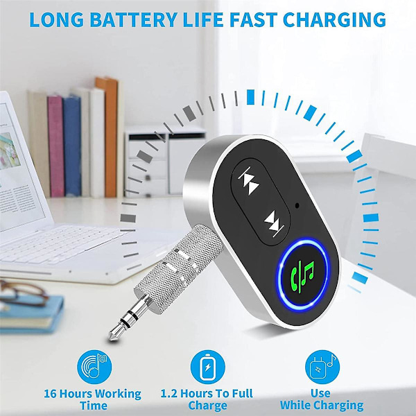 Bluetooth Aux-mottaker for bil, støydempende trådløs lydmottaker for bilstereo/hjemmehøyttalermusikk