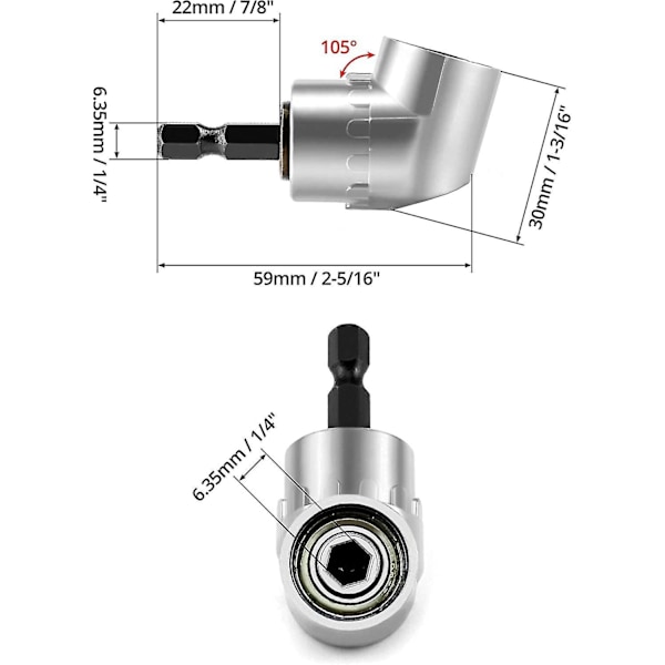 105 graders vinkelborr adapter, kraft skruvdragar borrfäste 1/4-tums sexkantskaft