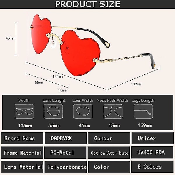 Hjärtformade solglasögon för kvinnor, mode, utan ram, hjärtformade solglasögon, hjärtformade solglasögon, färgglada solglasögon med gradient - röda