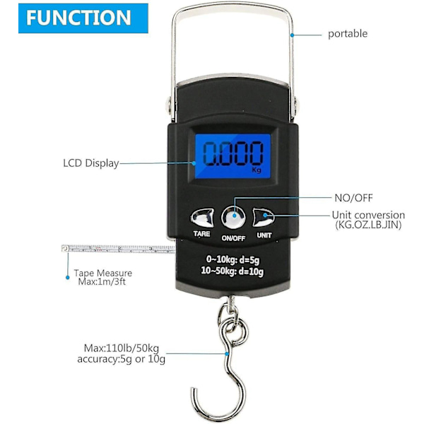 Bærbar bagasjevekt Reisefiskevekt 50 kg Bakgrunnsbelyst LCD-skjerm Elektronisk vekt Digital fiskekrokvekt med 1 m målebåndslinjal