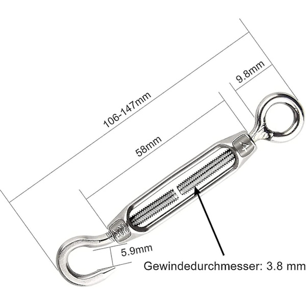 6 stk. Wire Tensioner Turnbuckle Hook Eye Tension Screw Wire Tensioner Rustfritt Stål Tensioner Set For Heavy Duty Justerbar (m4)