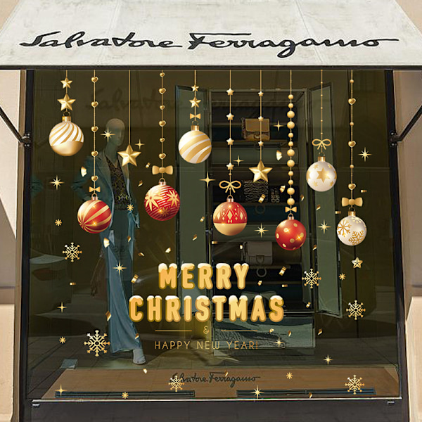 1 set God Jul Snöflinga Guld Julkula Klockor Stjärnor Dekoration Väggdekaler Fönster Väggmålningar Glasdekal