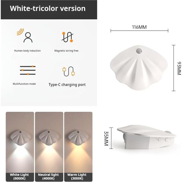 LED Natlampe med Bevægelsessensor, USB-opladning, 3 Tilstande, Dæmpbar, Hvid