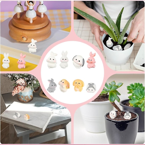 8 st Mini Kaniner Påsk Kanin Figuriner i Harts Mini Djur Fe Figuriner Moss Landskap Prydnader för Påsk