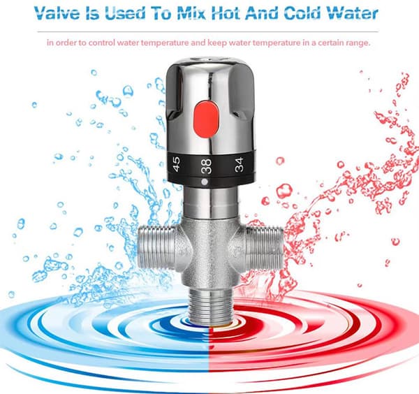 Termostatisk blandeventil, solid messing 3-veis G1/2 DN15, presis temperaturkontroll for baderom, toalett, dusj, vask og bidet