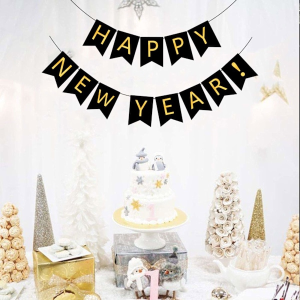 Svart Happy New Year-banderoll 2025, en rolig nyårsdekoration med din familj eller vänner