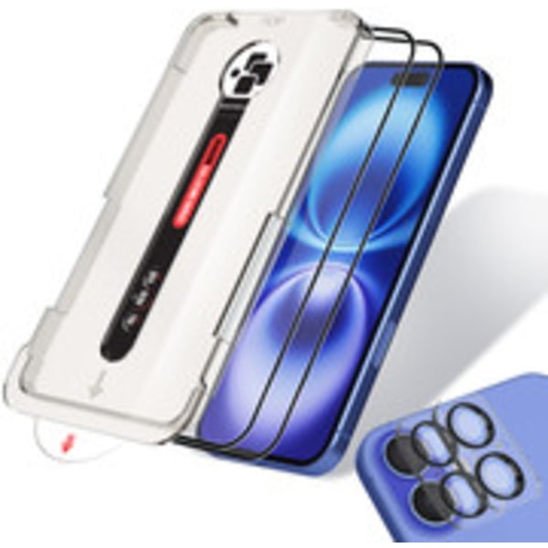 2-pakning iPhone 16 skjermbeskytter og 2-pakning linsebeskytter - Herdet glass | 6,1 tommer [Automatisk installasjon] - Boblefri og støvfri iPhone 16