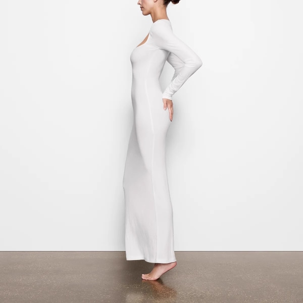 Lång maxiklänning för kvinnor med fyrkantig hals Långärmad Ribbade Bodycon Loungeklänningar vit XL