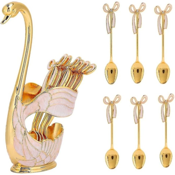 Kaffe dessertsked set, svan bestick bas hållare sked arrangör med 6 st skedguld