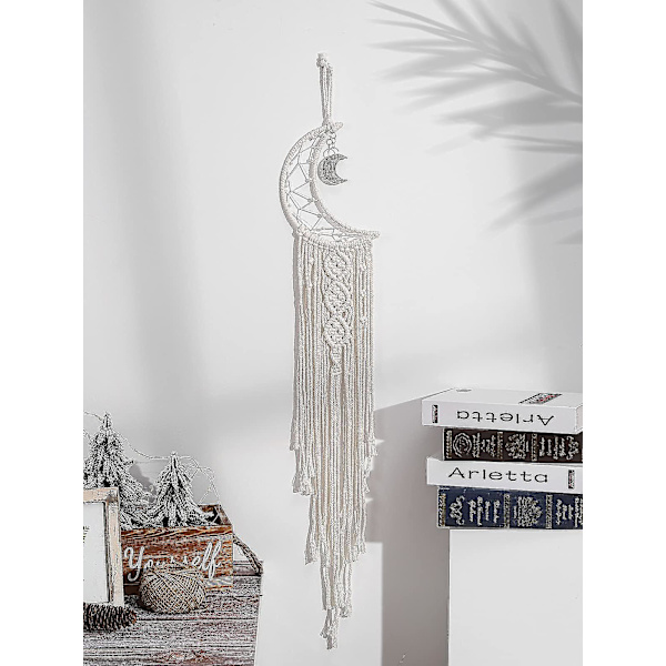Drömfångare i macramé med LED-ljus, handgjord drömfångare med vävd måne