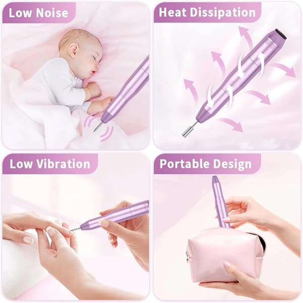 Elektrisk nagelfilssats, 0-16000 RPM hastighetskontroll, USB-driven, inkluderar 11 borrbitar och 35 slipringar, rosa.