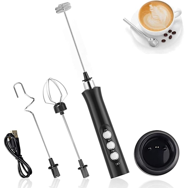 3-i-1 USB Oppladbar Elektrisk Melkeskummer med 3 Justerbare Hastigheter og Blandehoder i Rustfritt Stål - Perfekt for Latte og Cappuccino